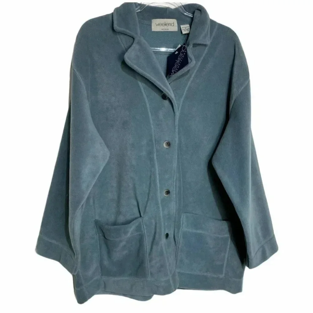 Weekend Fleece Jacket Blue Gray Button Front Pockets Cozy Coat Shacket Womens 1X